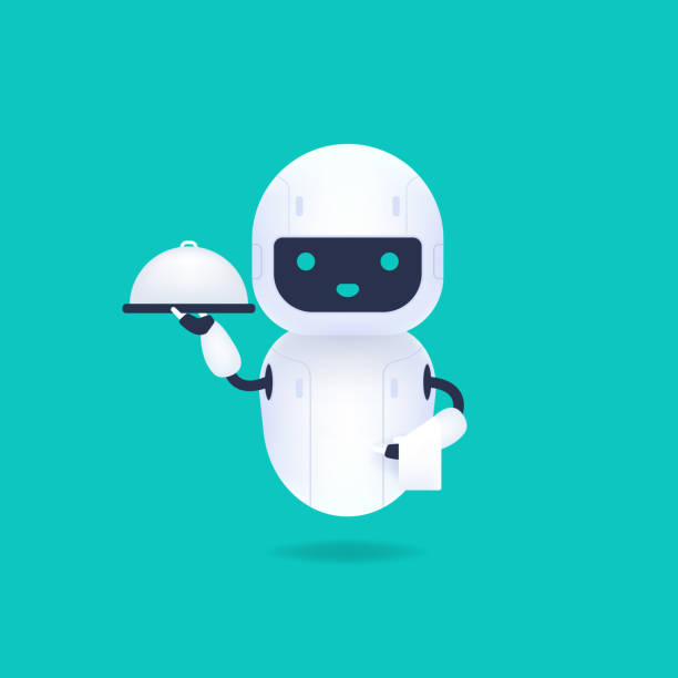 White friendly android robot holding a serving tray with a breakfast, and white towel. Robot waiter, butler. White friendly android robot holding a serving tray with a breakfast, and white towel. Robot waiter, butler. butler stock illustrations