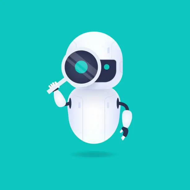 Vector illustration of White friendly android robot looking through the magnifying glass. Search conceptual.