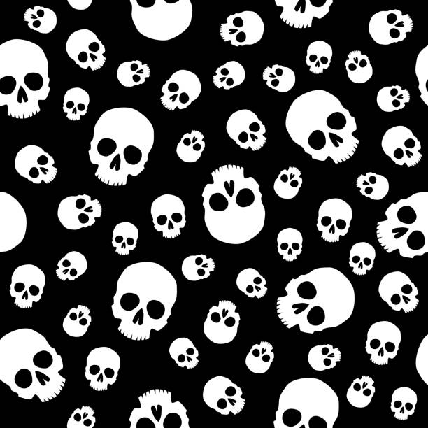 Big And Little Skulls Seamless Patern Vector seamless pattern of big and little white human skulls on a black background. skull patterns stock illustrations