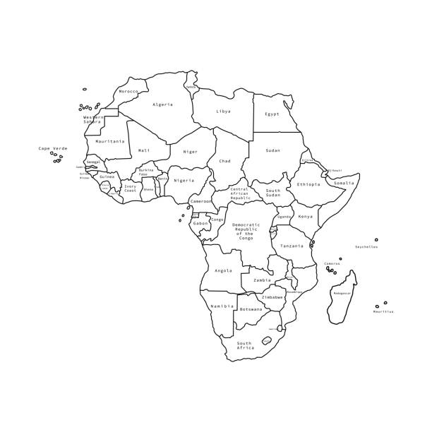 illustrations, cliparts, dessins animés et icônes de illustration de vecteur de la carte noire de contour d'afrique avec des pays. carte vectorielle. - mali