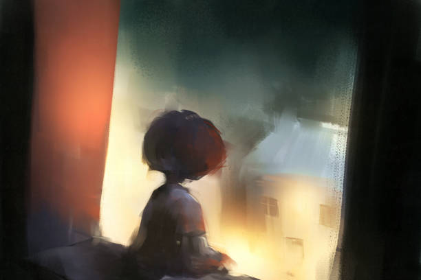 digital art painting of girl sitting on a window and looking outside, acrylic on canvas texture, storytelling illustration digital art painting of girl sitting on a window and looking outside, acrylic on canvas texture, storytelling illustration looking at view illustrations stock illustrations