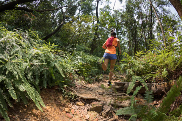 istock Woman trail runner running in tropical forest 1184551432