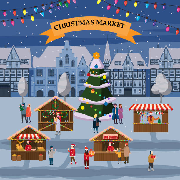ilustrações de stock, clip art, desenhos animados e ícones de christmas market or holiday winter outdoor fair on oldtown square big new year tree cityscape. big set of people walking, buying gifts, drinking coffee, decorated souvenir stalls or kiosks with gifts and food. vector illustration in flat cartoon style - piazza nova illustrations