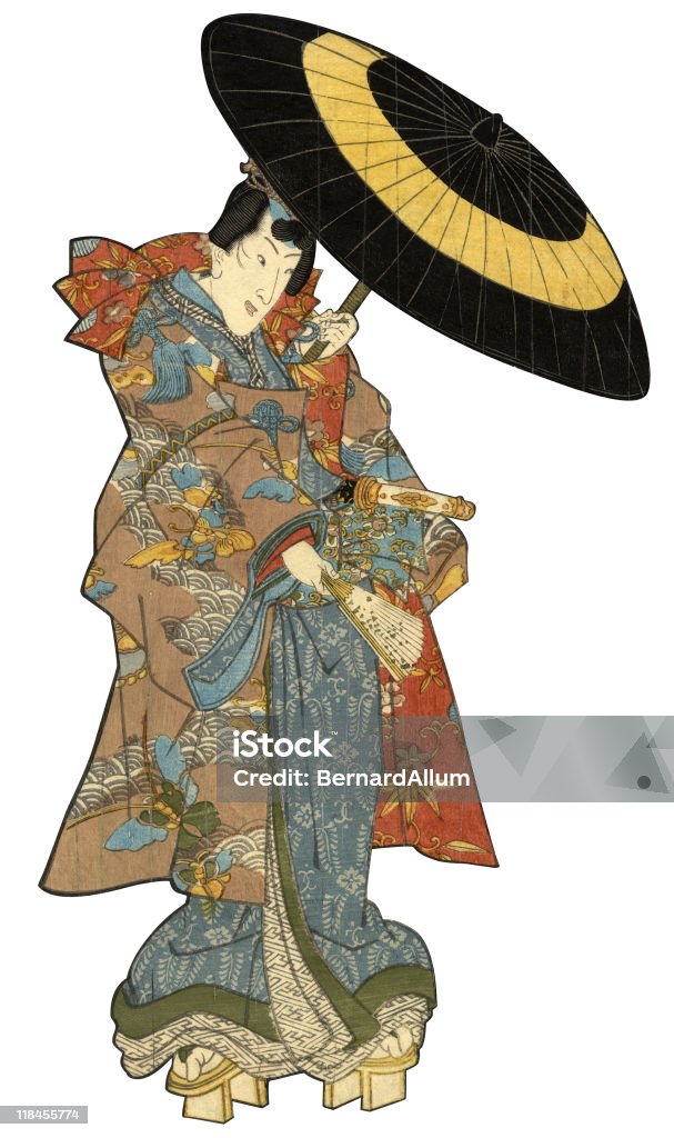 Japanische Holzschnitt-Männlich mit Regenschirm - Lizenzfrei Japanische Kultur Stock-Illustration