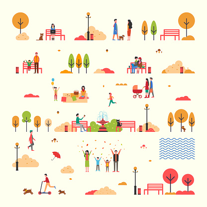 Autumn people fall trees and park isolated set vector. Father and mother with pram, picnic and fountain. Person sitting on bench, walking dog activity