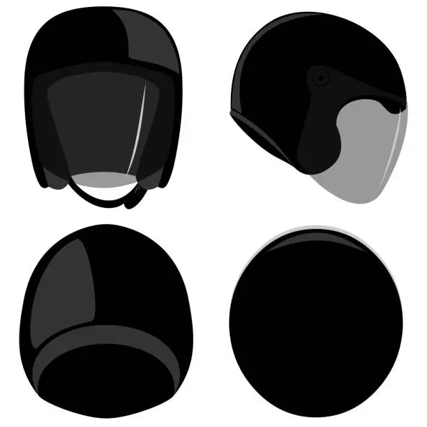 Vector illustration of Set of open face 3/4 motorcycle helmets with visor side, top, back, front view isolated vector illustration