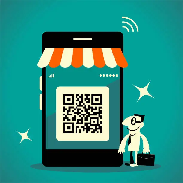 Vector illustration of Businessman standing in front of a big mobile phone store with QR code payment