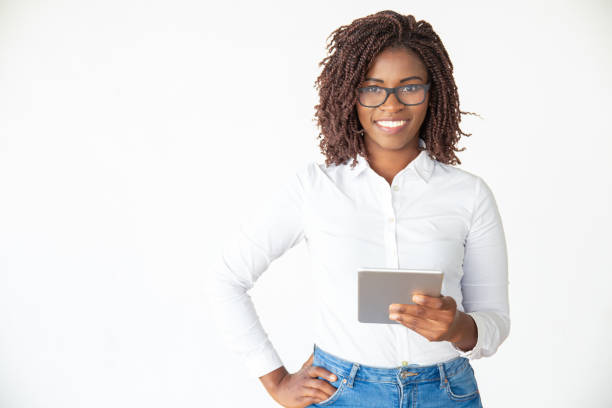 istock Happy confident expert holding tablet 1184561333