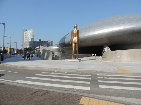 Dongdaemun Design Plaza, Seoul, Korea - 01 June 2018: very attractive modern place. Surprisgly there are not so many people. May be the reason is too hot weather, so most of people were inside , not outside of this futuristic building.