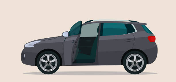 ilustrações de stock, clip art, desenhos animados e ícones de cuv car with an open driver's door. vector flat style illustration. - vehicle door illustrations