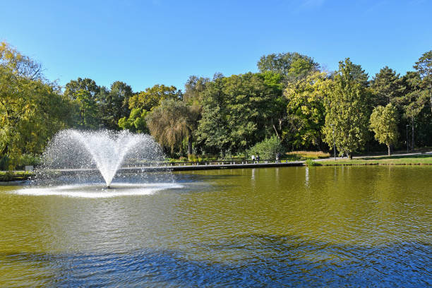 istock Fountain in the lake autumn time 1184564773