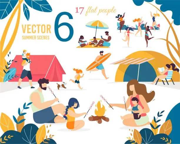 Vector illustration of People Characters Spend Time Together Scenes Set