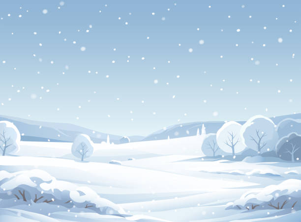 Eine Winterlandschaft mit verschneiten Bäumen, Hügeln und Bergen. Der Himmel ist grau und es schneit. Vektorillustration mit Platz für Text.