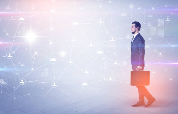 istock Man walking with online community wallpaper 1184571525