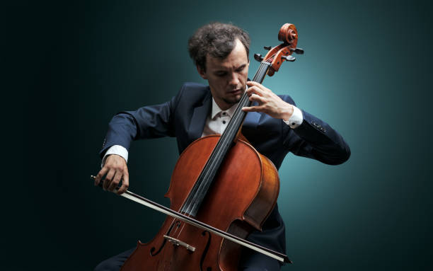 cellist tocando en el instrumento con empatía - chello fotografías e imágenes de stock