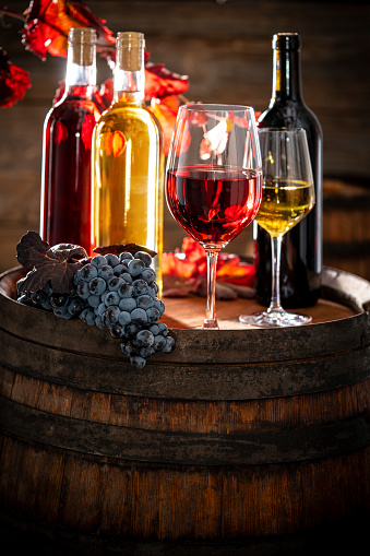 wine bottle and glass on wine oak barrel still on wooden background with red autumn grape leaves and cluster