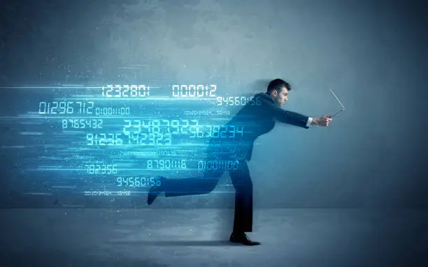 Photo of Business man running with device and data concept