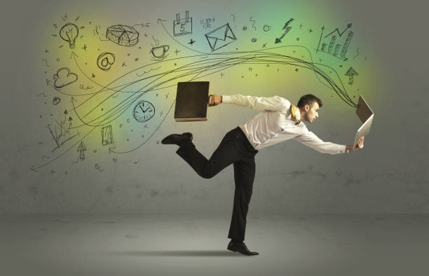 istock Business man in a rush with doodle media icons 1184578070