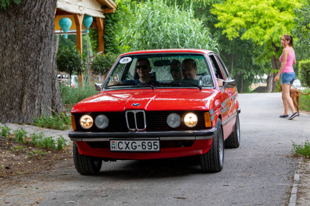 Hungary Szodliget Jun 22, 2019: Vintage BMW sedan Sports model participating in the drive as well as in the line-up in a mint condition.