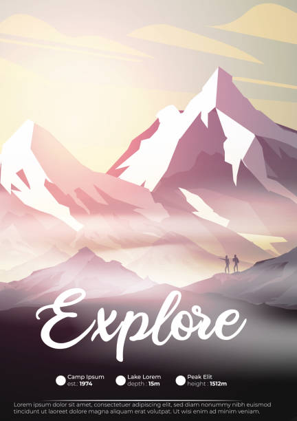 ilustrações, clipart, desenhos animados e ícones de nascer do sol nas montanhas com poster do sinal do exploração com caminhantes, montanhistas - silhouette landscape cliff mountain