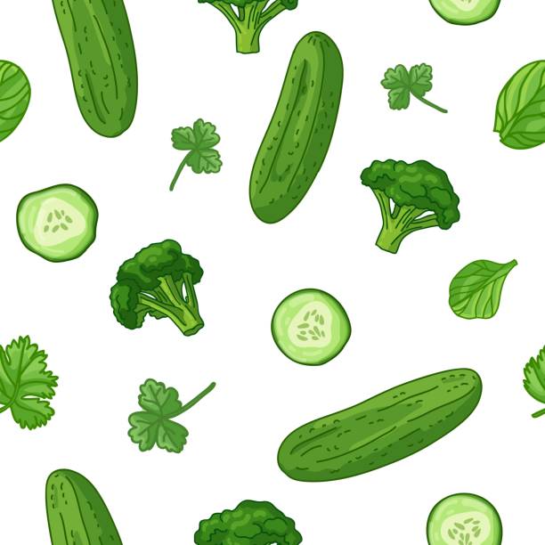 illustrations, cliparts, dessins animés et icônes de modèle vert alimentaire de conception sans couture. fond d'écran avec des aliments biologiques végétaux. backdrop pour le tissu et la conception textile avec le concombre, le brocoli et le persil. contexte avec la nourriture fraîche de nature. vecteur - green smoothie smoothie nutritional supplement leaf vegetable