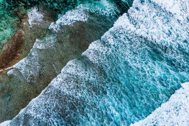 istock Big ocean waves hitting a coral rif. View from above. 1184581072