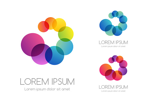 Abstract rainbow color logo of spiral from circles. Colorful vector emblem.