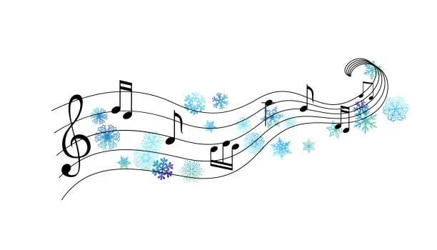Vector illustration of Music notes with flying snowflakes.
