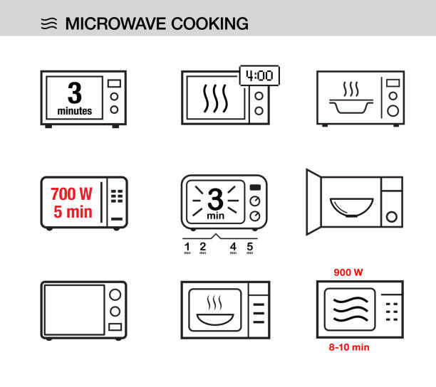 illustrations, cliparts, dessins animés et icônes de ensemble d'icônes de four à micro-ondes. - timer cooking domestic kitchen time
