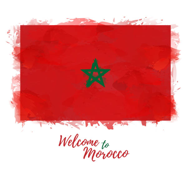 Welcome to Morocco banner. National flag Kingdom of Morocco in watercolor style. Moroccan symbol and print design. Vector illustration Welcome to Morocco banner. National flag Kingdom of Morocco in watercolor style. Moroccan symbol and print design. Vector illustration. moroccan flag pictures stock illustrations
