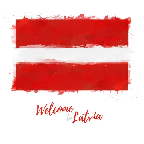 Vector illustration of Welcome to Latvia banner. National flag Republic of Latvia in watercolor style design. Latvian symbol and print. Vector illustration