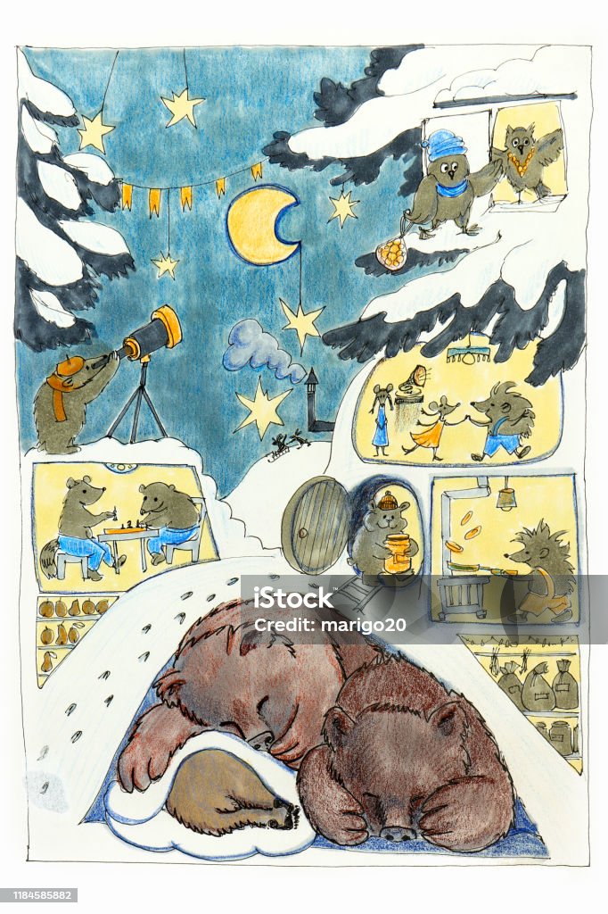 Drawing With Animals In The Forest In Winter At Night Stock Illustration -  Download Image Now - iStock