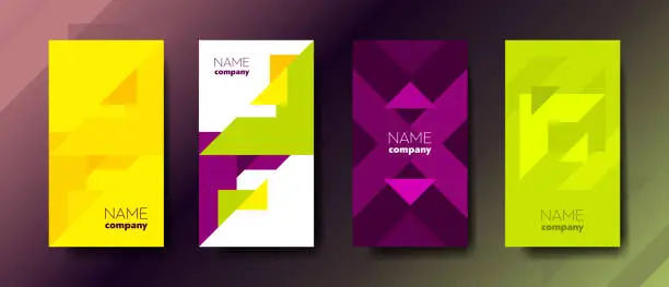 Vector illustration of Four color vertical abstract business cards with graphic elements and text.