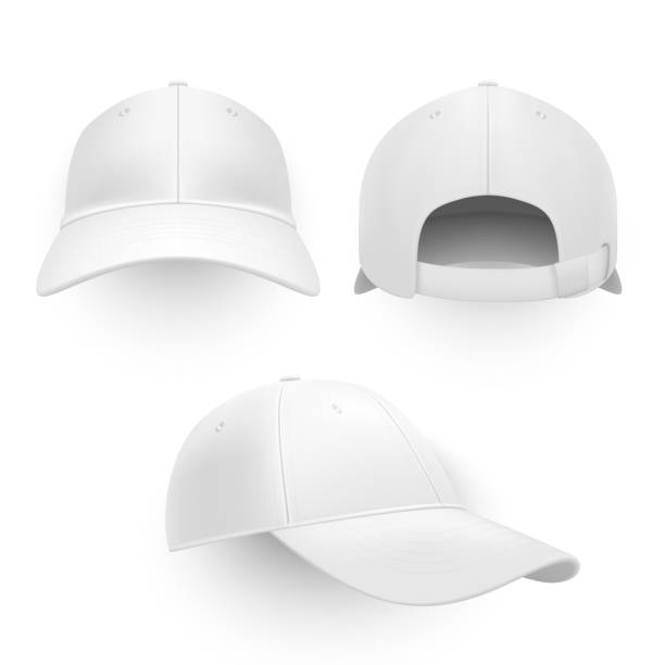 Baseball cap, hat realistic vector mockup set Baseball cap, hat realistic vector mockup set. Blank hat with visor for sun protection, modern head wear isolated on white background. Sport merchandise design element front, back and side view white cap stock illustrations