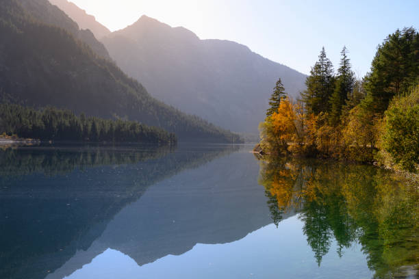 istock fall colored trees at lake plansee with mountain reflections in clear water 1184592767