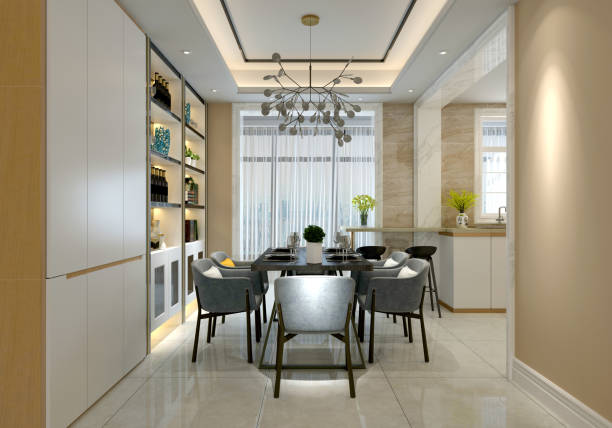 istock Dining room in Contemporary style with modern chairs and a table by the window. 3D rendering. 1184593946