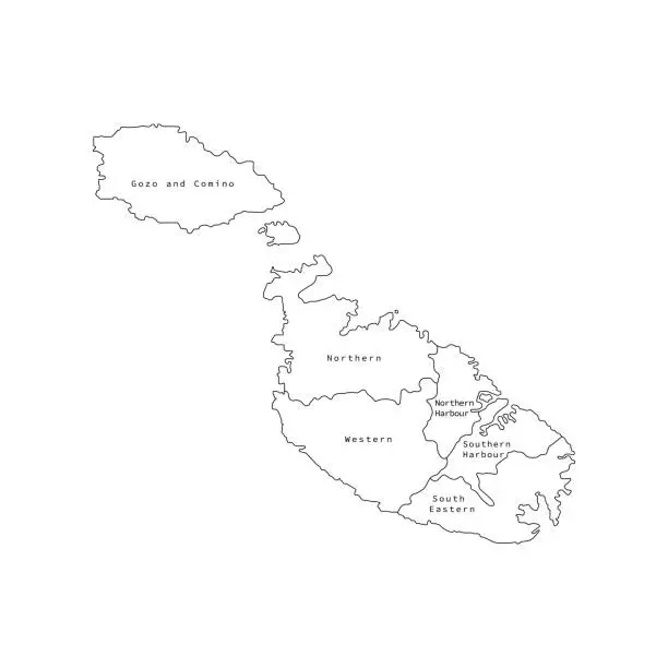 Vector illustration of Vector illustration of outline Malta districts map. Vector map.
