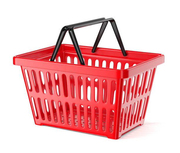istock Red plastic supermarket basket with two handles isolated on white background 1184596280