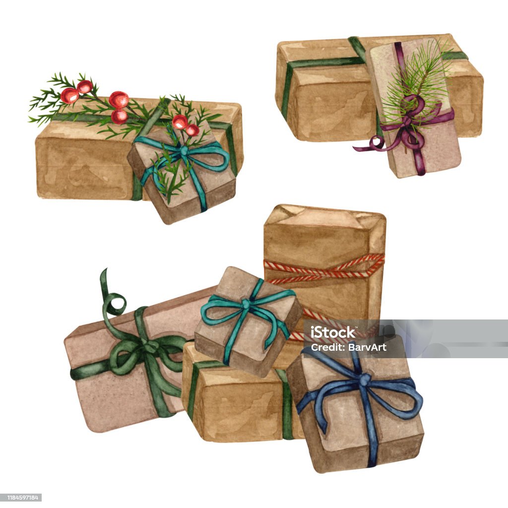 Watercolor Hand Painted Set With Pile Of Gift Boxes And Presents In Craft  Wrapping Paper Christmas And New Year Illustration Stock Illustration -  Download Image Now - iStock