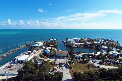 Aerial view of famous bridge and islands in the way to Key West, Florida Keys, United States. Great landscape. Vacation travel. Travel destination. Tropical scenery.