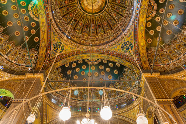 intersection of four domes decorated with floral patterns, muhammad ali mosque, citadel of cairo - cairo mosque egypt inside of imagens e fotografias de stock