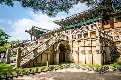 Bulguksa temple entrance view with stairway leading to Jahamun gate in Gyeongju South Korea
