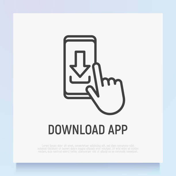 Download mobile app thin line icon. Push button with arrow on smartphone by finger. Modern vector illustration. vector art illustration
