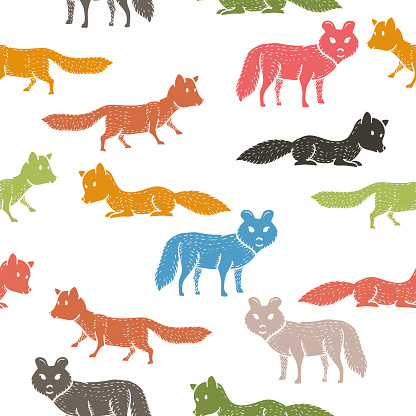 Seamless pattern with companion dogs or wolves or foxes on white background. Backdrop with funny purebred pet animals of various types. Flat cartoon vector illustration for wallpaper, fabric print. Vector illustration