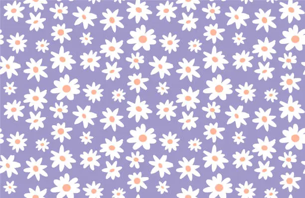 Vector illustration of Minimal cute hand-painted daisies background vector seamless patters. Spring summer floral print