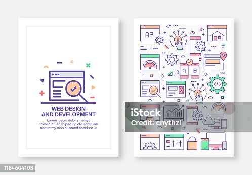 istock Vector Illustrations with Web Design and Development Related Icons for Brochure, Flyer, Cover Book, Annual Report Cover Layout Design Template 1184604103