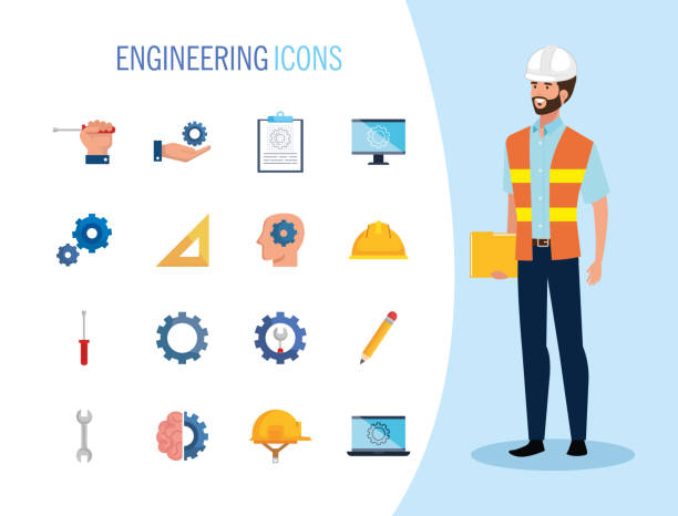 ilustraciones, imágenes clip art, dibujos animados e iconos de stock de ingeniero hombre con iconos de conjunto de trabajo - waistcoat