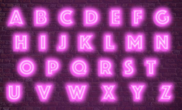 Neon light alphabet on  iluminated brick wall