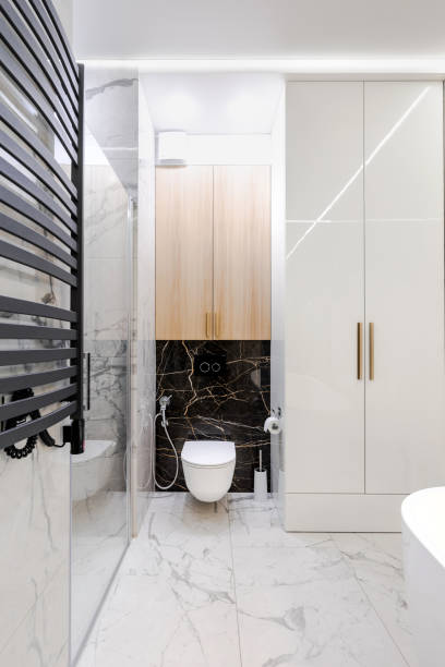 istock Marble bathroom with shower, toilet and wardrobe 1184606989