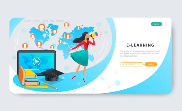 ilustrações de stock, clip art, desenhos animados e ícones de online education, courses, e-learning web banner, woman with megaphone near tablet with video, distance education group of students from different countries on world map. web page design template - youtube video web page internet